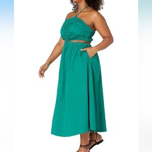 Emerald‎ Green Halter Ruched Cutout Cotton Midi Dress women's Large NWT the drop